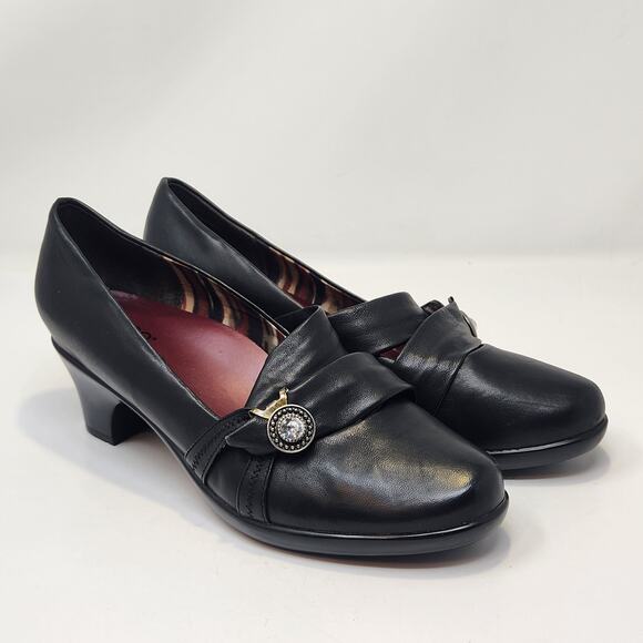 Abeo Mary Jane Black Leather Heel Pumps Women Size 7N Comfort Shoes Slip On Arch - Picture 1 of 9